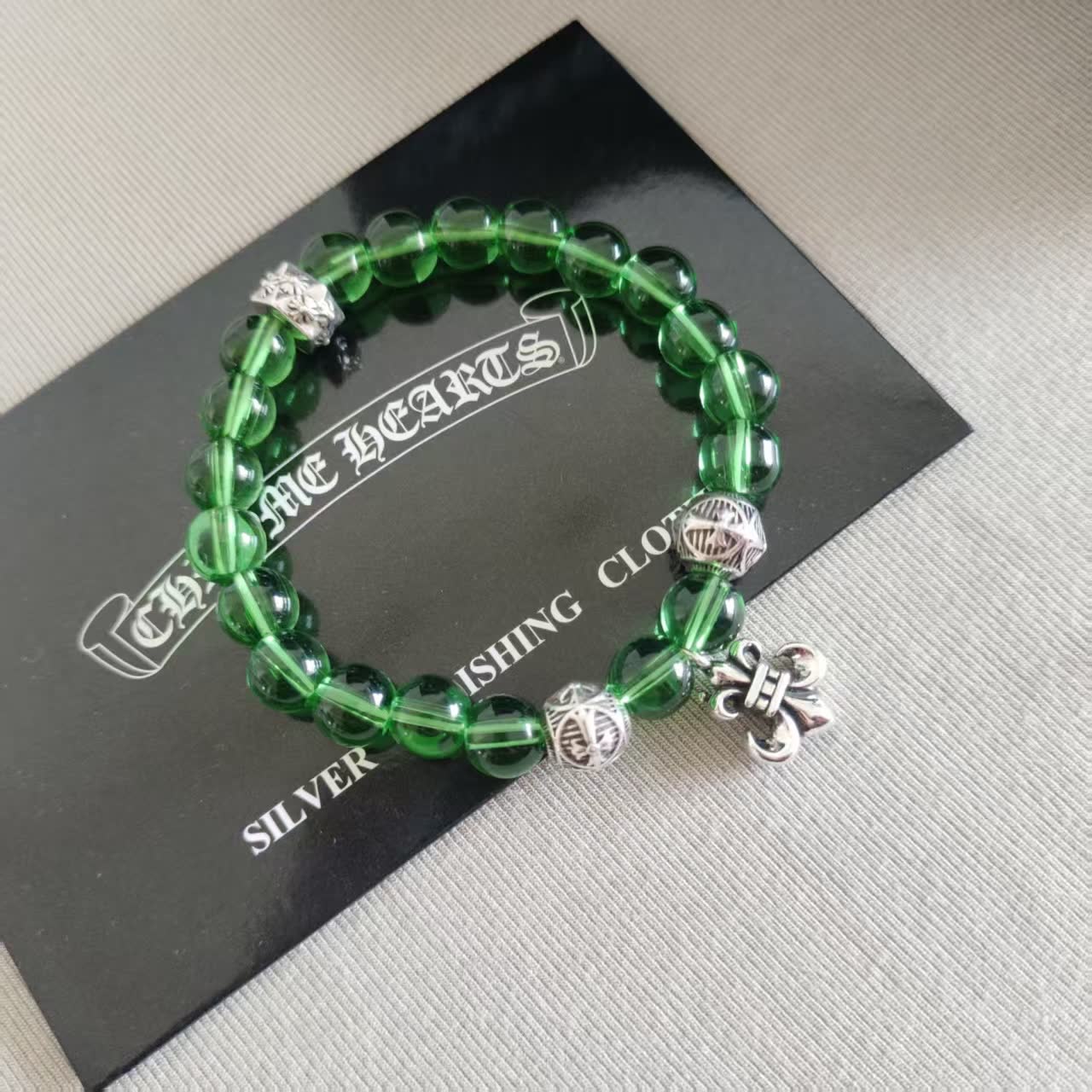 Chrome Hearts Green Beaded Bracelet with Fleur-de-Lis Charm